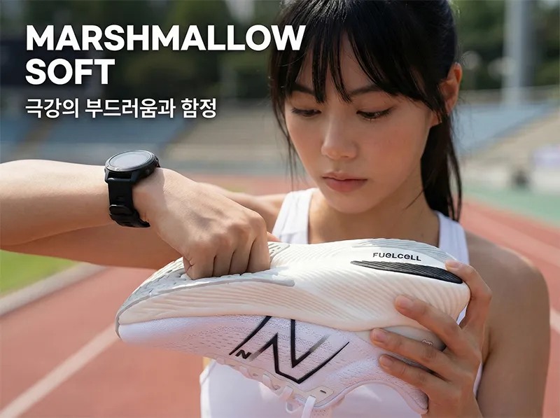 손가락으로 뉴발란스 퓨얼셀 미드솔을 꾹 눌러 부드러운 쿠션감을 확인하는 모습, 푹 들어가는 폼의 질감.