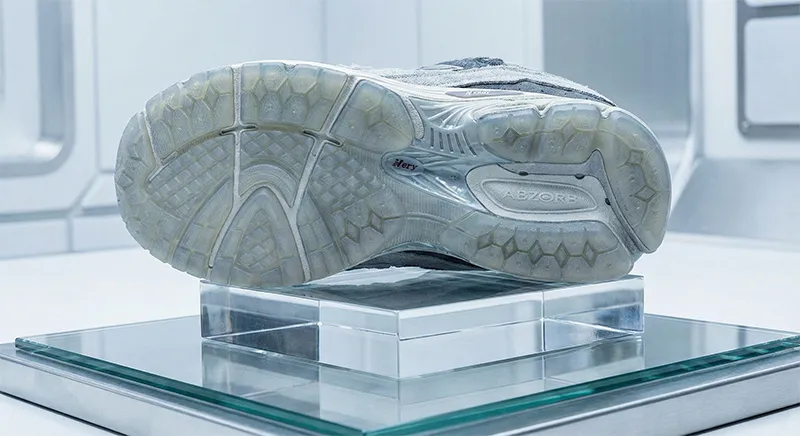 투명한 유리 받침대 위에 놓인 뉴발란스 2002R 운동화 아웃솔 밑창 사진. 반투명한 N-ergy 젤과 ABZORB 쿠셔닝 구조가 선명하게 보인다.