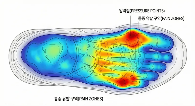 좁은 운동화를 신었을 때 한국인의 넓은 발볼이 받는 압력을 보여주는 히트맵. 엄지발가락 관절(무지외반증 부위)과 새끼발가락 뿌리 부분에 붉은색으로 높은 통증 압력점이 표시되어 있다.