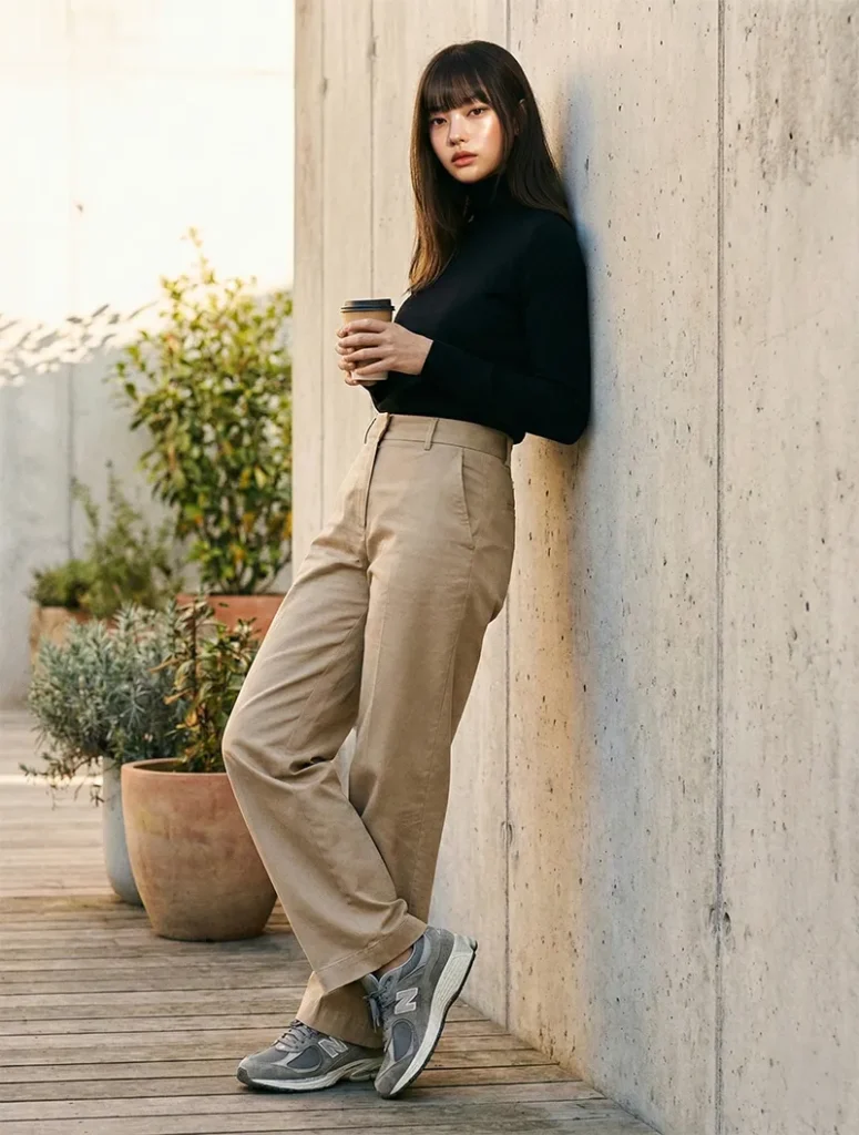 검은색 터틀넥과 베이지색 와이드 팬츠를 입은 여성이 야외 테라스 콘크리트 벽에 기대어 커피를 들고 서 있다. 발에는 회색 뉴발란스 운동화를 신고 있다.