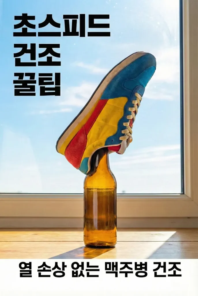 창가에서 운동화가 맥주병 위에 거꾸로 꽂혀 균형 잡고 서 있다. '초스피드 건조 꿀팁', '열 손상 없는 맥주병 건조' 텍스트가 보인다.