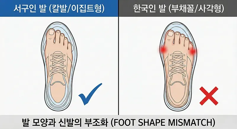왼쪽은 뾰족한 신발에 잘 맞는 서구인 발, 오른쪽은 발볼이 눌려 빨간색 압박점이 표시된 한국인 발을 비교한 일러스트.