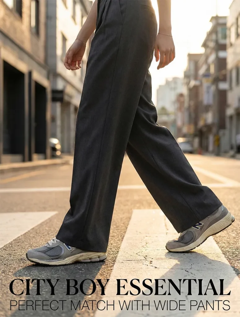 와이드 슬랙스에 뉴발란스 2002R 그레이를 신고 도심을 걷는 모델의 하반신 사진입니다. 하단에 CITY BOY ESSENTIAL 텍스트가 있습니다.
