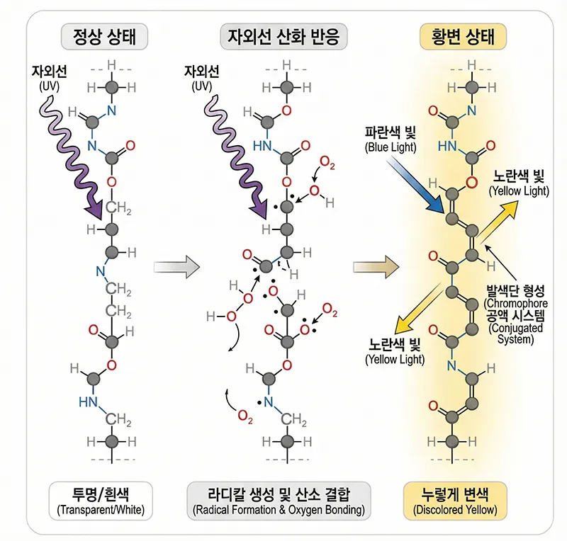 자외선에 의한 운동화 황변 메커니즘 도식. 산화로 발색단이 형성되어 노란빛을 반사하는 과정.