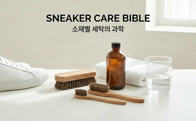 흰색 스니커즈와 나무 브러시, 세제병, 비커 등 관리 도구가 정갈하게 놓인 사진. 상단에 'SNEAKER CARE BIBLE 소재별 세탁의 과학' 텍스트.