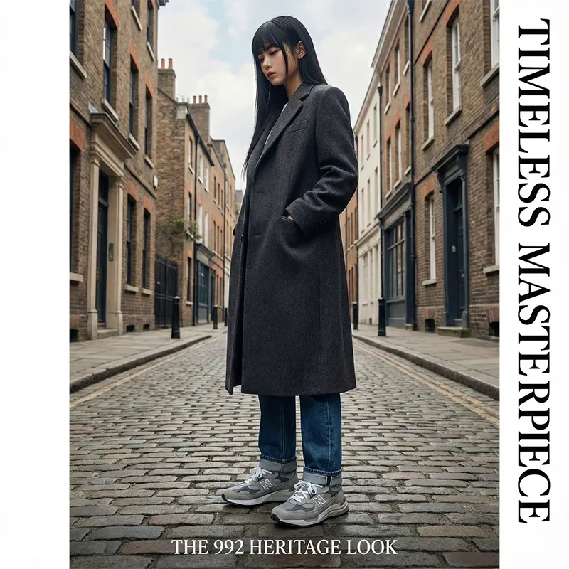 울 코트와 셀비지 데님에 뉴발란스 992를 신고 유럽의 고풍스러운 벽돌 거리에 서 있는 모델의 전신 사진입니다. TIMELESS MASTERPIECE 텍스트가 있습니다.