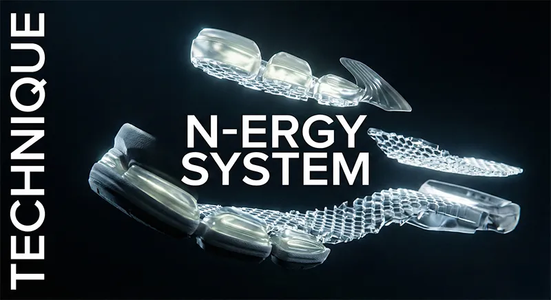 어두운 배경에 뉴발란스 N-ergy 쿠셔닝 시스템의 투명한 젤과 벌집 구조 부품들이 분해되어 빛나고 있습니다. 중앙에 'N-ERGY SYSTEM' 텍스트가 있습니다.