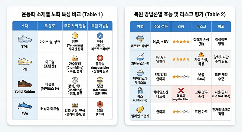 운동화 소재별 노화 특성과 복원 방법의 효능/리스크를 비교한 두 개의 요약 테이블 인포그래픽.