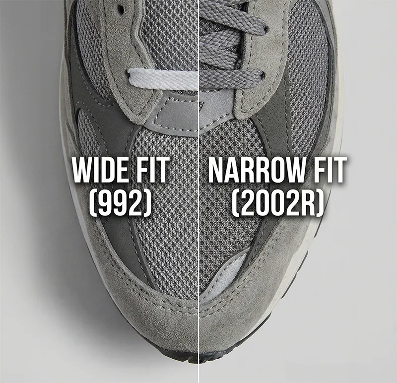 탑다운 뷰로 본 뉴발란스 992(왼쪽, 넓은 핏)와 2002R(오른쪽, 좁은 핏)의 앞코 비교 사진입니다. WIDE FIT과 NARROW FIT 텍스트가 명시되어 있습니다.