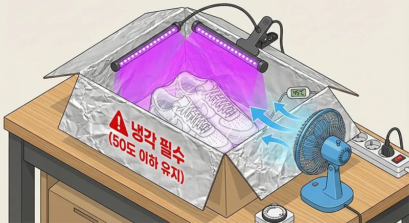 UV 황변 복원 작업 환경 조감도. 호일 박스, UV 조명, 랩핑된 신발, 선풍기, 그리고 50도 이하 유지 경고 표시가 보인다.