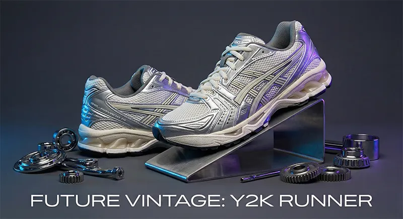 메탈릭 실버 아식스 젤 카야노 14가 기계 부품과 함께 배치된 Y2K 컨셉 정물 화보. 'FUTURE VINTAGE: Y2K RUNNER' 텍스트 포함.