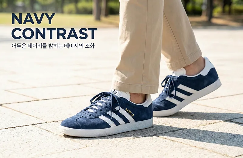 네이비 스웨이드 운동화와 베이지 면바지의 색상 대비 코디