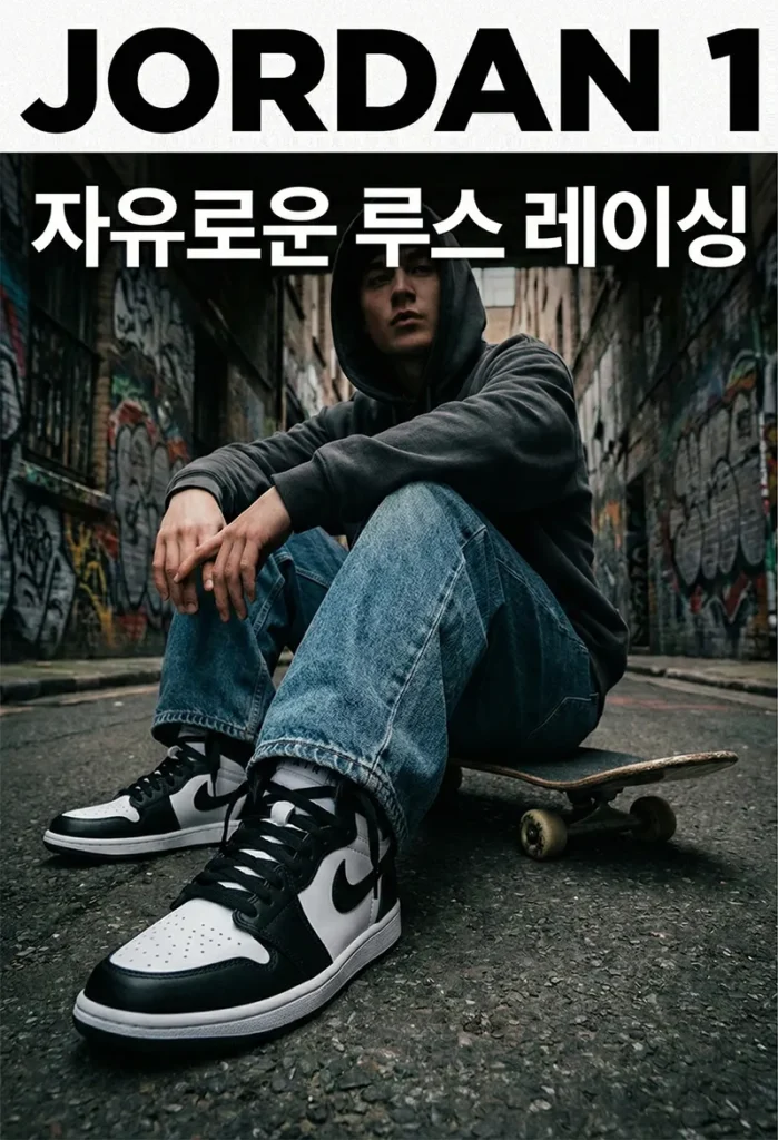 에어 조던 1 하이 모델에 루스 레이싱 스타일을 적용한 스트릿 패션 코디