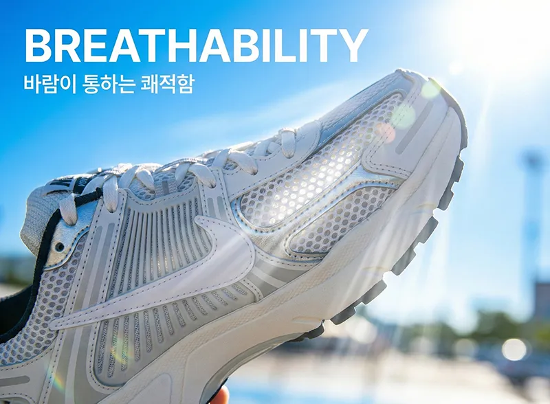 여름용 메쉬 운동화 통기성, 구멍 뚫린 런닝화 디테일, 시원한 여름 신발 소재 추천.