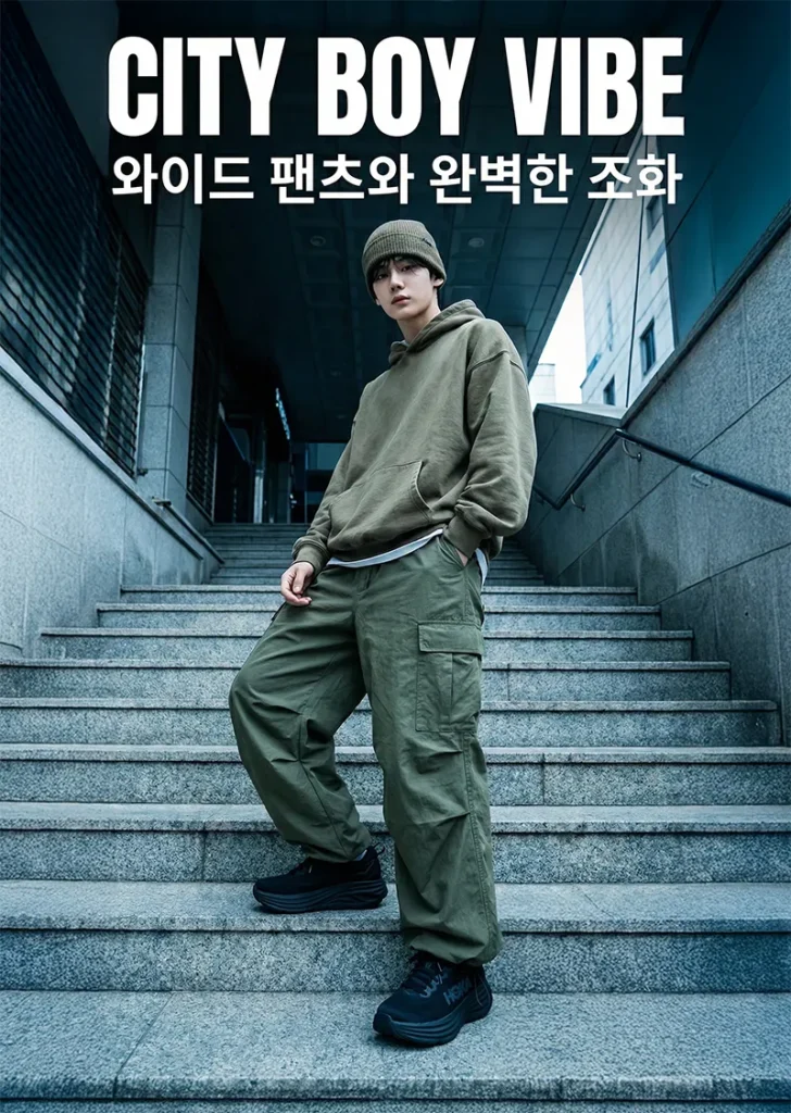 호카 본디 9 남성 코디, 와이드 카고 팬츠와 매치한 시티보이 스트릿 패션.