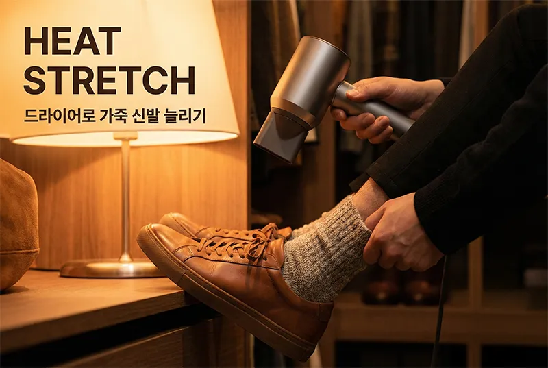 두꺼운 양말을 신고 헤어드라이어로 가죽 운동화를 늘리는 실용적인 팁 장면