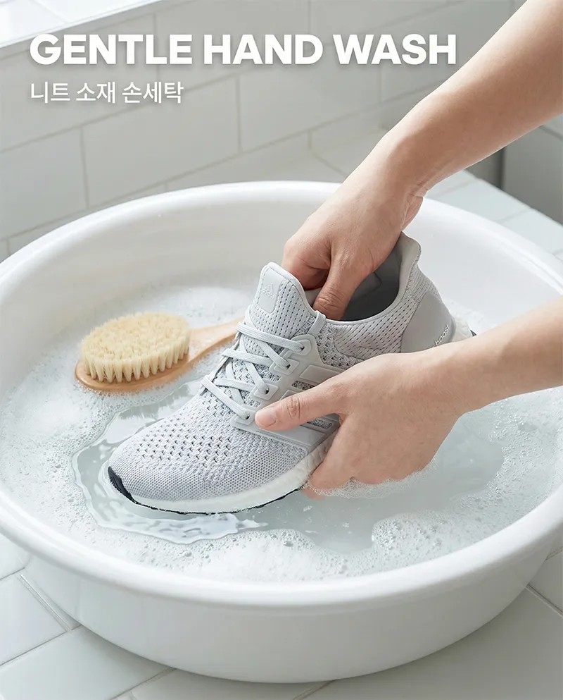 세면대에 미지근한 물을 받아 니트 운동화를 중성세제로 손세탁하는 모습