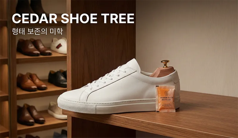 고급 나무 슈트리가 끼워져 형태가 잡힌 가죽 운동화와 습기 제거제 실리카겔