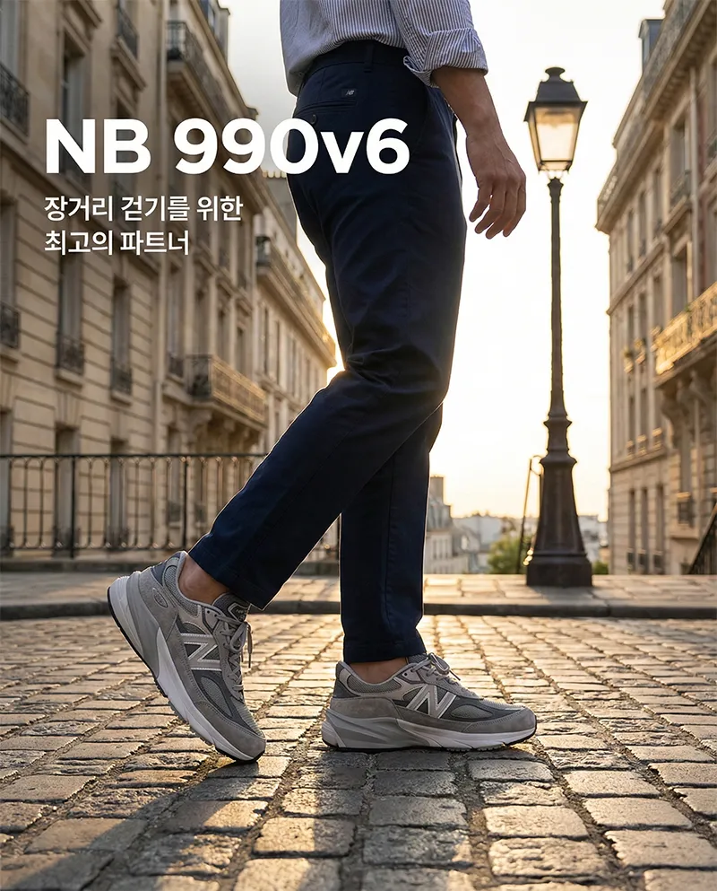 뉴발란스 990v6 그레이 컬러를 착용하고 도심을 걷는 세련된 스타일링