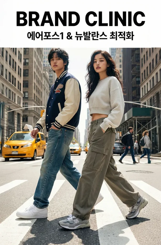 세련된 착장과 함께 나이키와 뉴발란스 운동화를 신은 모델들의 패션 화보