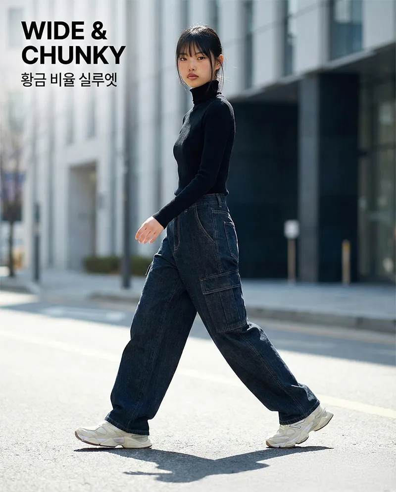 통이 넓은 와이드 팬츠에 청키한 어글리 슈즈를 매치하여 안정적인 비율을 보여주는 측면 전신 샷.