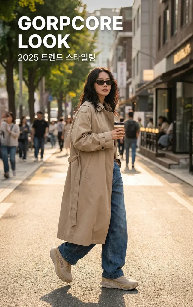 호카 본디 9 여성 코디, 와이드 팬츠와 트렌치코트를 매치한 고프코어 룩.