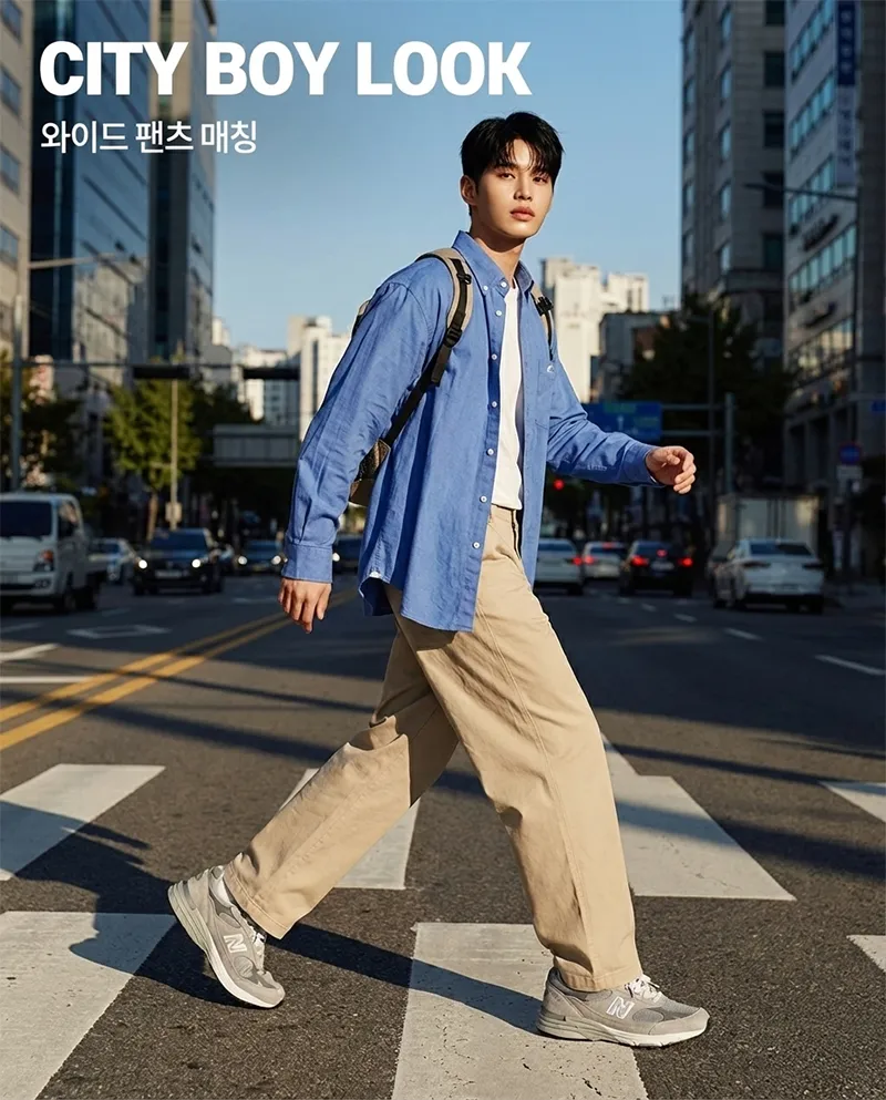 와이드 치노 팬츠에 매치한 그레이 컬러 뉴발란스 993 스타일의 청키한 운동화 코디