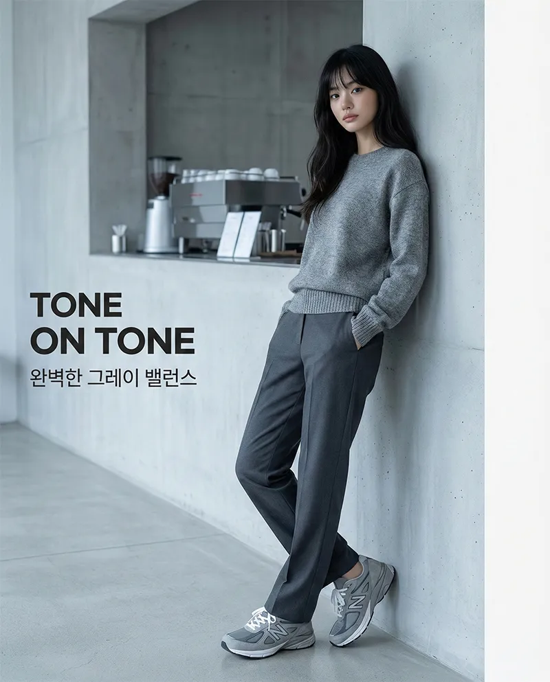 그레이 슬랙스와 그레이 스니커즈를 매치한 톤온톤 룩, 차분하고 세련된 오피스 캐주얼 코디.