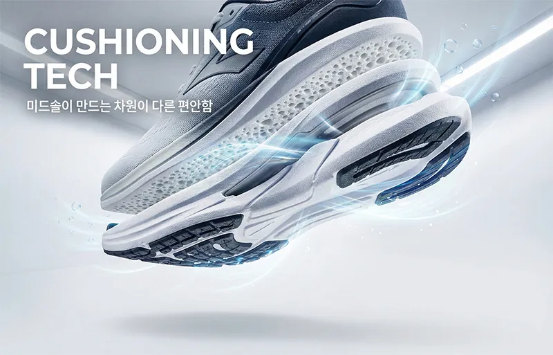 운동화의 미드솔 구조와 쿠셔닝 소재의 질감을 보여주는 상세 테크니컬 이미지