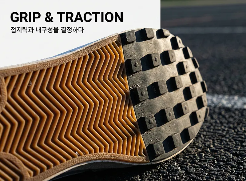 운동화 아웃솔 고무 밑창 헤링본 패턴과 와플 패턴 접지력 비교