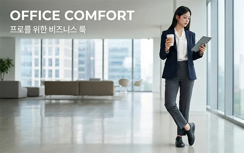 깔끔한 비즈니스 캐주얼 복장에 가죽 소재의 편안한 스니커즈를 신은 직장인의 여유로운 모습.