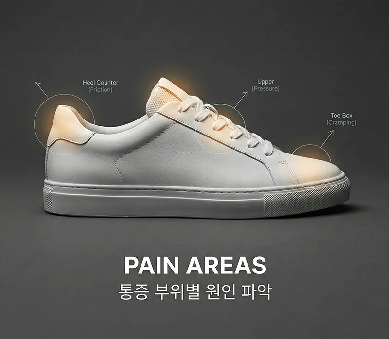 신발의 뒤꿈치, 발등, 발볼 부위를 강조하여 통증 원인을 설명하는 전문적인 제품 사진