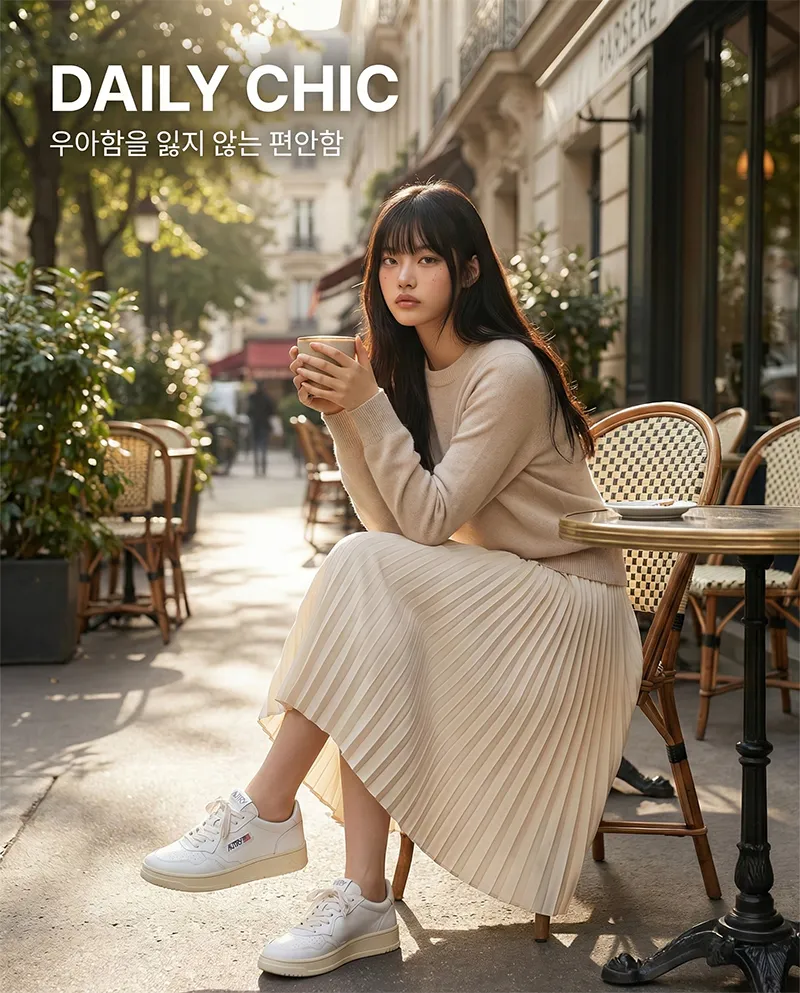 롱 스커트와 화이트 오트리 운동화를 코디한 여성 데일리 룩